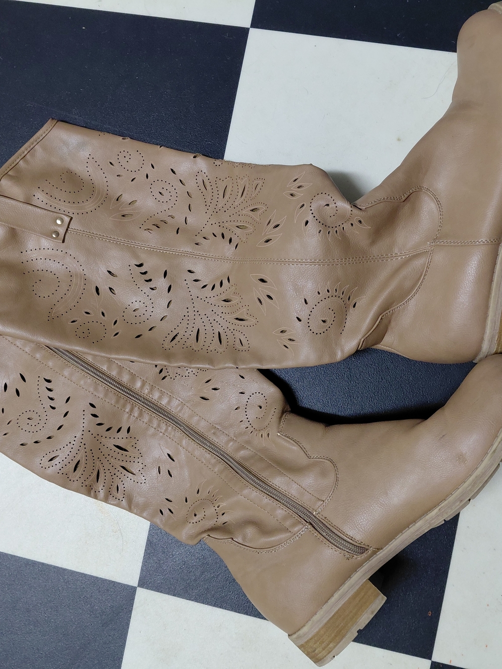 Tan Perforated Knee-High Women’s Boots